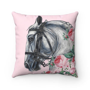 Horse And Pink Roses Square Pillow 14X14 Home Decor