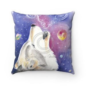 Howling Wolf Cosmic Watercolor Square Pillow 14X14 Home Decor