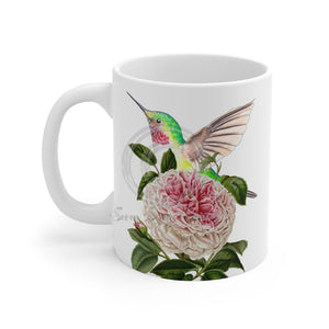 Hummingbird And Pink Vintage Rose Watercolor Art Mug 11Oz