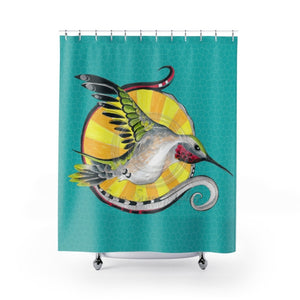 Hummingbird Ink Art Teal Shower Curtain 71X74 Home Decor