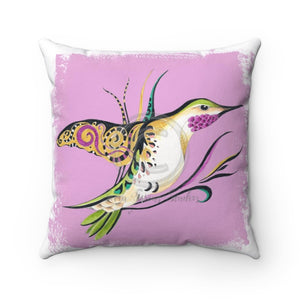 Hummingbird Pink Doodle Brushed Ink Art Square Pillow 14X14 Home Decor