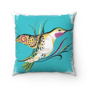 Hummingbird Teal Doodle Brushed Ink Art Square Pillow 14X14 Home Decor