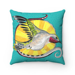Hummingbird Teal Tribal Ink Art Square Pillow 14X14 Home Decor