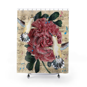 Hummingbirds Pink Peony Music Art Shower Curtain 71 × 74 Home Decor