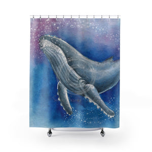 Humpback Whale Air Bubbles Blue Pink Watercolor Art Shower Curtain 71 × 74 Home Decor