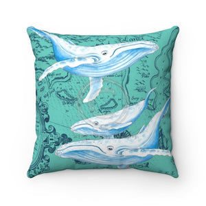 Humpback Whales Family Teal Watercolor Square Pillow 14X14 Home Decor