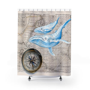 Humpback Whales Vintage Map Compass Art Shower Curtain 71 × 74 Home Decor