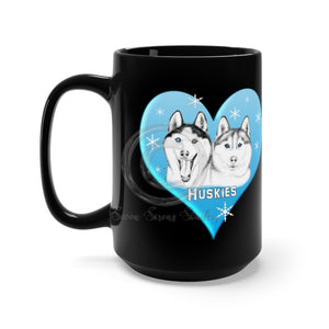 Huskies Blue Heart Watercolor Black Mug 15Oz