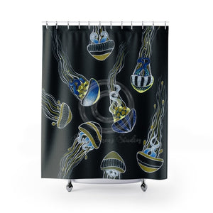Jellyfish On Grey Black Shower Curtain 71 × 74 Home Decor