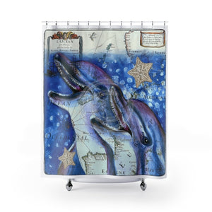Laughing Dolphins Vintage Map Watercolor Art Shower Curtain 71 × 74 Home Decor