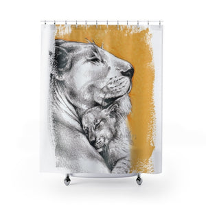 Lioness And Cub Ochre Brushed Art Shower Curtain 71 × 74 Home Decor