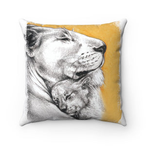 Lioness And Cub Ochre Brushed Art Square Pillow 14 × Home Decor