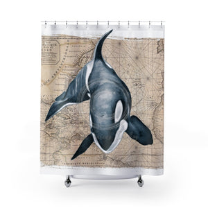 Lone Orca Killer Whale Beige Vintage Map Shower Curtain 71X74 Home Decor