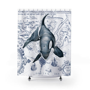 Lone Orca Killer Whale Vintage Map Blue Shower Curtain 71X74 Home Decor