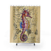 Magenta Seahorse Vintage Map Beige Watercolor Art Shower Curtain 71 × 74 Home Decor
