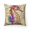 Magenta Seahorse Vintage Map Beige Watercolor Art Square Pillow Home Decor
