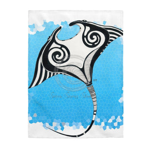 Manta Ray On Blue Ink Tribal Art Velveteen Plush Blanket 60 × 80 All Over Prints
