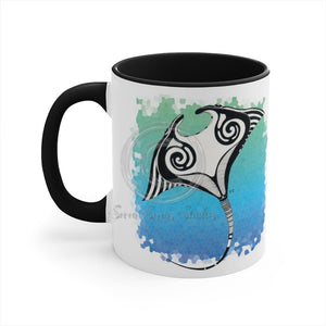 Manta Ray Tribal Teal Ink White Art Accent Coffee Mug 11Oz Black /