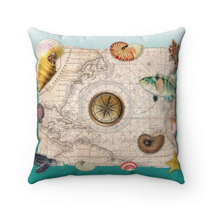 Marine Treasures Vintage Map Aquamarine Square Pillow 14X14 Home Decor