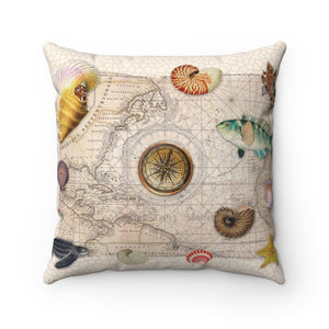 Marine Treasures Vintage Map Beige Square Pillow 14X14 Home Decor