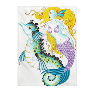 Mermaid And Seahorse Ink Art Velveteen Plush Blanket 60 × 80 All Over Prints