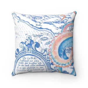 Octopus Blue Vintage Map White Art Ii Square Pillow 14X14 Home Decor