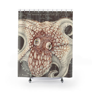 Octopus Brown Taupe Vintage Map Ink Art Shower Curtain 71 × 74 Home Decor