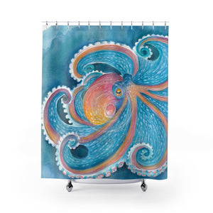 Octopus Kraken Rainbow Teal Dance Watercolor Shower Curtain 71 × 74 Home Decor