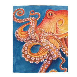Octopus Orange Red Watercolor Blue Velveteen Plush Blanket 50 × 60 All Over Prints