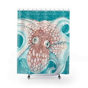 Octopus Orange Teal Map Ink Shower Curtain 71 × 74 Home Decor