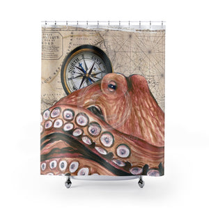Octopus Pale Red Compass Vintage Map Beige Nautical Shower Curtain 71 × 74 Home Decor