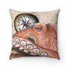 Octopus Pale Red Compass Vintage Map Beige Nautical Square Pillow 14 × Home Decor
