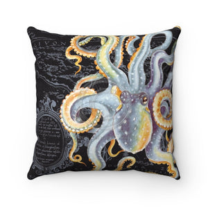 Octopus Steel Blue Vintage Map Dark Purple Art Square Pillow 14X14 Home Decor