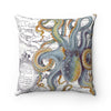 Octopus Steel Blue Vintage Map White Art Square Pillow 14X14 Home Decor