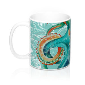 Octopus Teal Vintage Map Watercolor Art Mug 11Oz