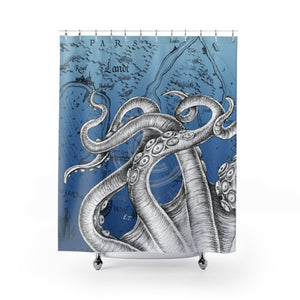 Octopus Tentacles Vintage Map Blue Ink Shower Curtain 71 × 74 Home Decor