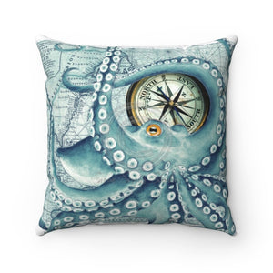 Octopus Vintage Map Compass Teal Art Pillow 20 × Home Decor