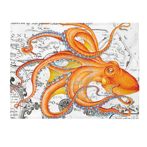 Orange Octopus On White Vintage Map Ink Art Velveteen Plush Blanket 60 × 80 All Over Prints