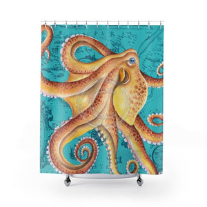 Orange Octopus Tentacles Watercolor Art Vintage Map Chic Shower Curtain 71 × 74 Home Decor