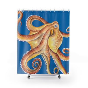 Orange Octopus Watercolor On Blue Shower Curtain 71 × 74 Home Decor
