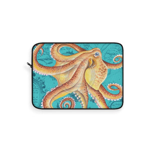 Orange Red Octopus Kraken Tentacles Teal Vintage Map Watercolor Art Laptop Sleeve 15