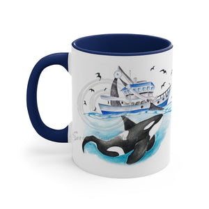 Orca Killer Whale And The Boat Watercolor Ink Accent Coffee Mug 11Oz Navy /