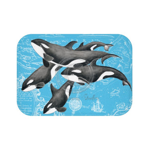 Orca Killer Whale Pod Vintage Map Blue Chic Watercolor Bath Mat Small 24X17 Home Decor