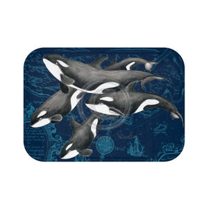 Orca Killer Whale Pod Vintage Map Navy Blue Chic Watercolor Bath Mat Small 24X17 Home Decor