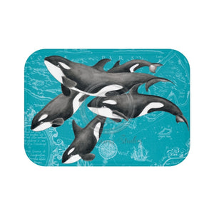 Orca Killer Whale Pod Vintage Map Teal Chic Watercolor Bath Mat Small 24X17 Home Decor