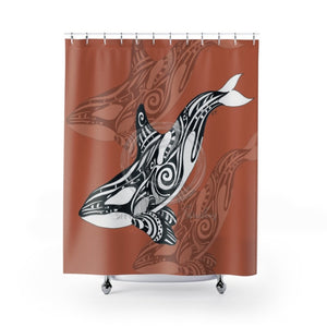 Orca Killer Whale Tribal Burnt Orange Ink Art Shower Curtain 71 × 74 Home Decor