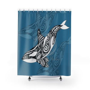 Orca Killer Whale Tribal Indigo Blue Ink Art Shower Curtain 71 × 74 Home Decor