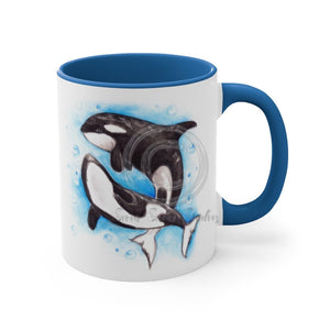 Orca Killer Whales Play Watercolor Ink Accent Coffee Mug 11Oz Blue /