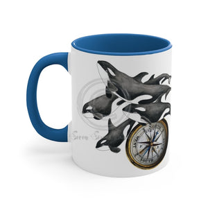 Orca Killer Whales Pod Compass Watercolor Ink Accent Coffee Mug 11Oz Blue /