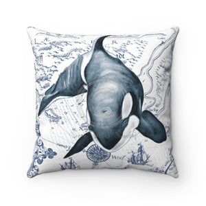 Orca Whale Ancient Map Blue Square Pillow 14X14 Home Decor